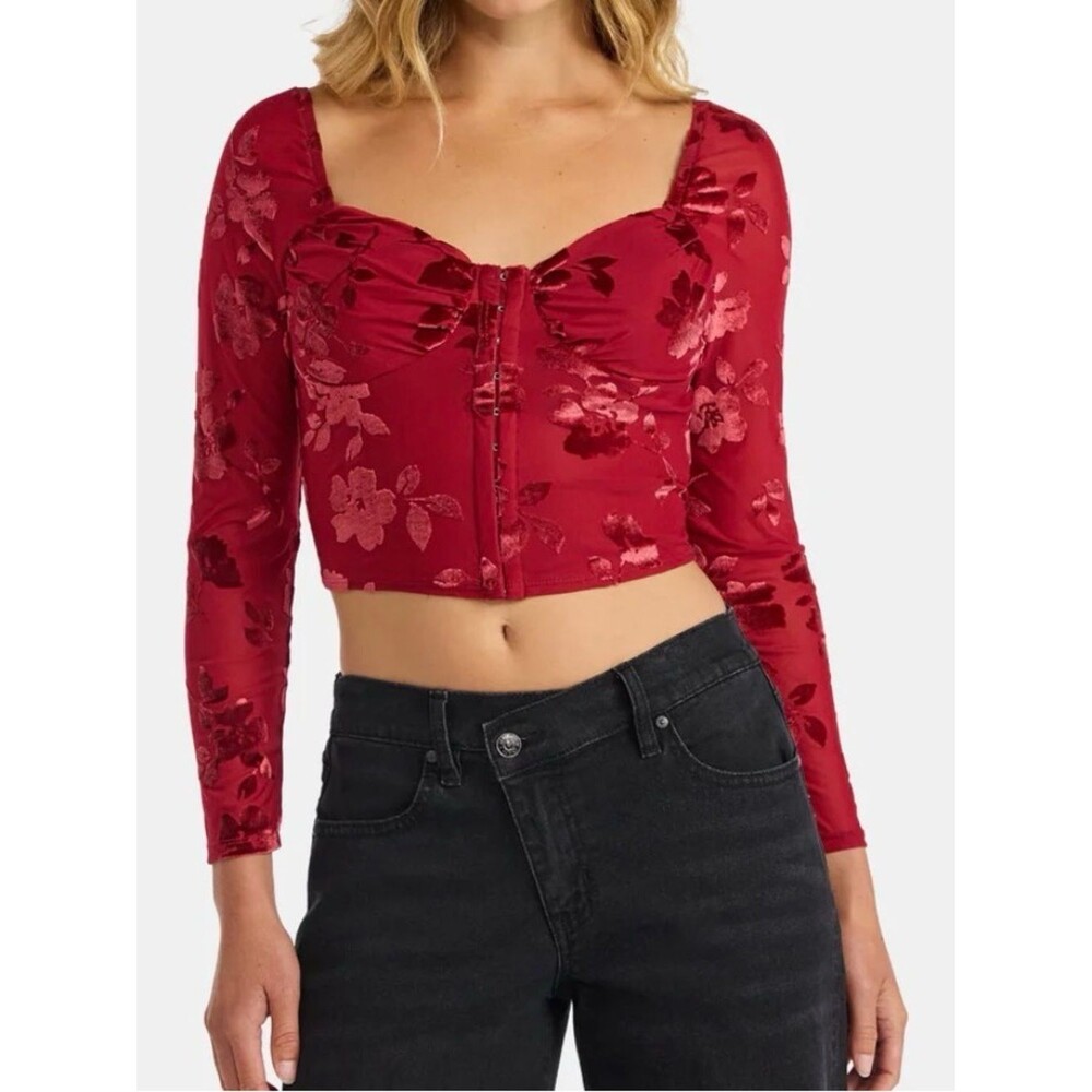 Women’s Red Floral Velvet Burnout Long Sleeve Crop Top